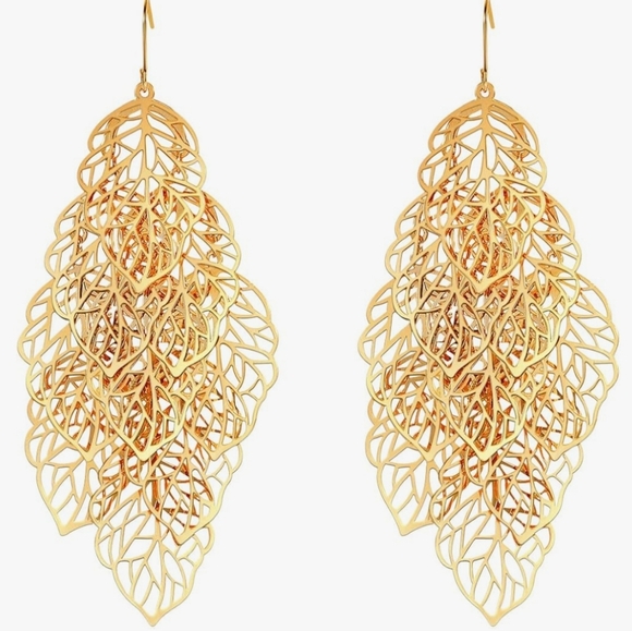 14K Gold Plated Lightweight Leaf Dangle Drop Earrings - Picture 3 of 7
